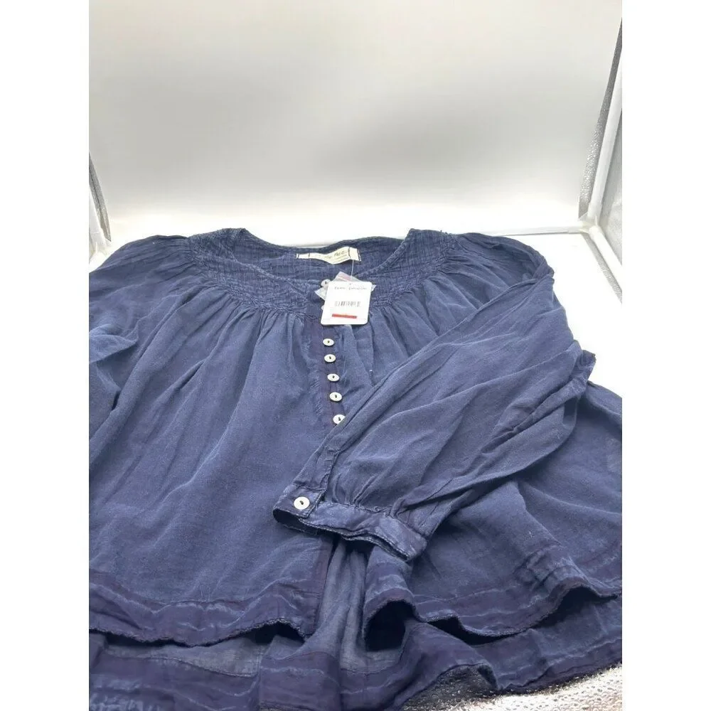 Free People Cool Meadow Woven Cotton Top, Navy, Sz. S